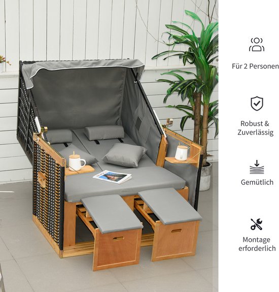 Outsunny - Chaise de plage avec capot - Bois - Polyester - Gris clair