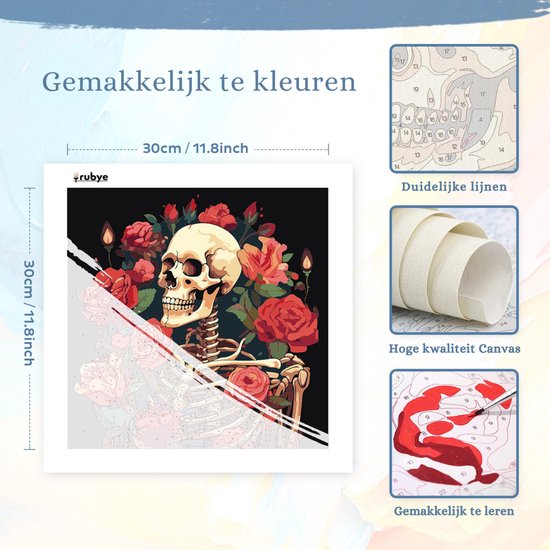 Rubye® Peinture à numéro adultes - Peinture à numéro enfants - Squelette et roses - peinture et pinceaux inclus - Toile à peindre - Couleurs à numéro - 30x30cm