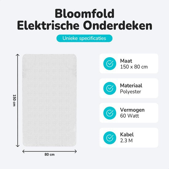 Couverture électrique Bloomfold - 150 x 80 cm - Lavable en machine - 1 personne - 3 niveaux - Couverture chauffante - Blanc/polyester