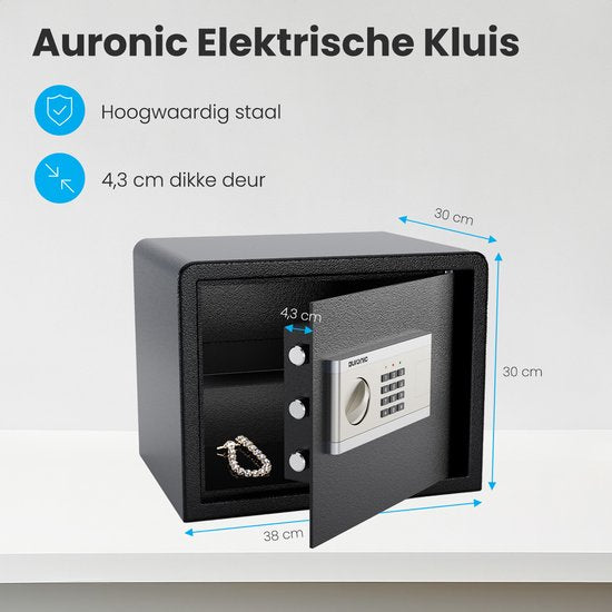 Coffre Électronique Auronic - Serrure à Combinaison - Clé - Fixation Murale - Porte 4,3cm - Alarme 130dB - 28L - 30x38x30cm - 10KG - Acier - Noir