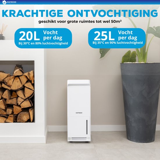 Sofresh déshumidificateur 25 litres par jour - Déshumidificateur et déshumidificateur pour cave, salle de bain, grenier et salon - Blanc