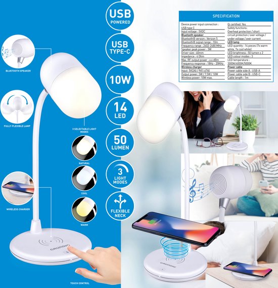 Grundig Desk Lamp Led 3-in-1 - Chargeur de téléphone sans fil Qi Technology - Haut-parleur Bluetooth - Lampe de lecture - Blanc