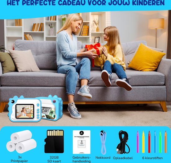 K&L® 3 IN 1 Digital Kids Camera + Instant print + play camera - 32GB micro sd card - camera kids - Vlog camera with games - Photo camera for kids - Small size toy - With video function - Blue