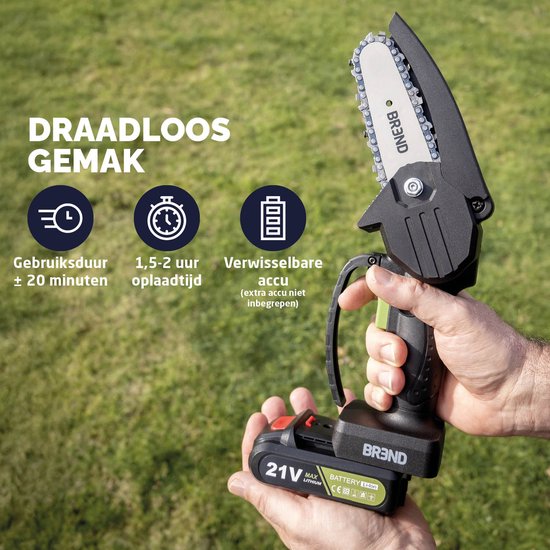 BREND BR-2236 Mini tronçonneuse électrique avec batterie et mallette de rangement - Scie d'élagage sans fil pour les branches et les bûches - 20 min de temps de coupe - Noir