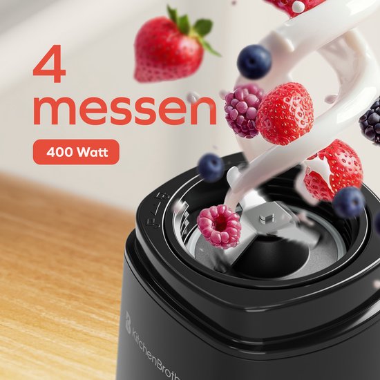 KitchenBrothers Mini Blender - Blender to Go - Smoothie Maker - 2 To-Go Cups 600 ml - Noir