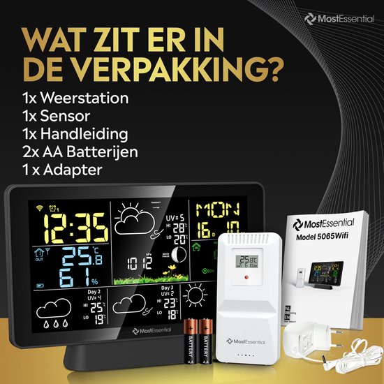 MostEssential Station Météo Wifi Edition - Station météo sans fil avec capteur extérieur - Hygromètre - Intérieur et extérieur - Portée de 150 mètres - Application incluse - Noir - 1 capteur