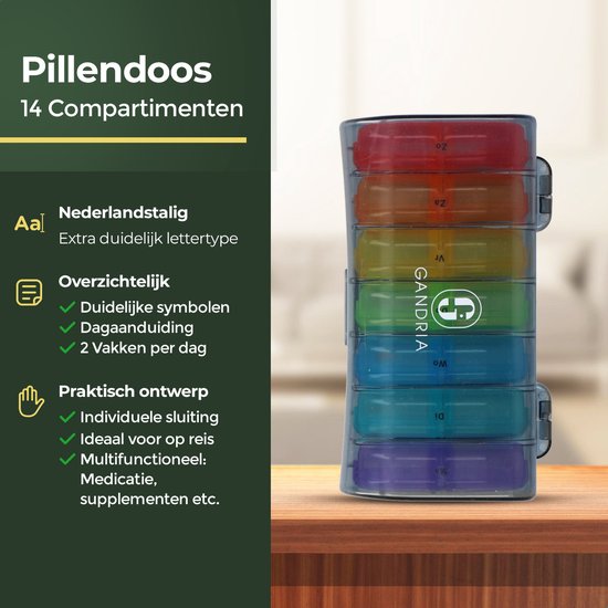 Pilulier Gandria 7 jours - Pilulier amovible - Boîte à pharmacie avec 14 compartiments - Boîte à pharmacie avec fermeture solide - 2 compartiments par jour - 7 couleurs