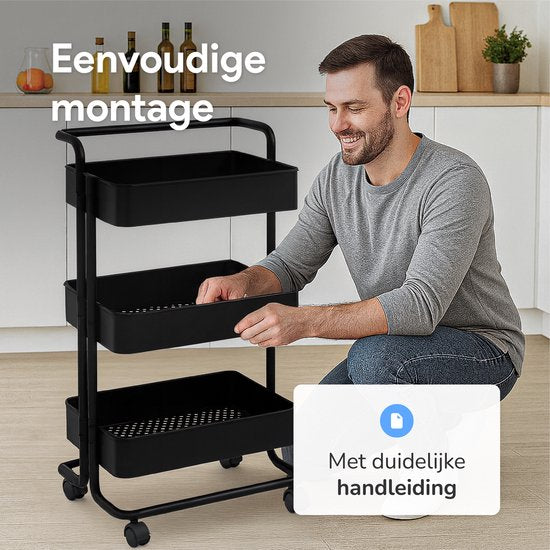 Chariot de cuisine à roulettes - 3 étages - Chariot de cuisine - Chariot de service - Armoire - Chariot - Rangement - Armoires de douche sur pied - Rack - Noir - Luft