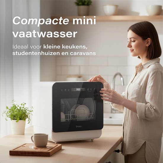 Skoov Mini lave-vaisselle avec réservoir d'eau - 5 couverts - 6 programmes de lavage - 45cm - Petit lave-vaisselle étroit à poser - Camping - Blanc