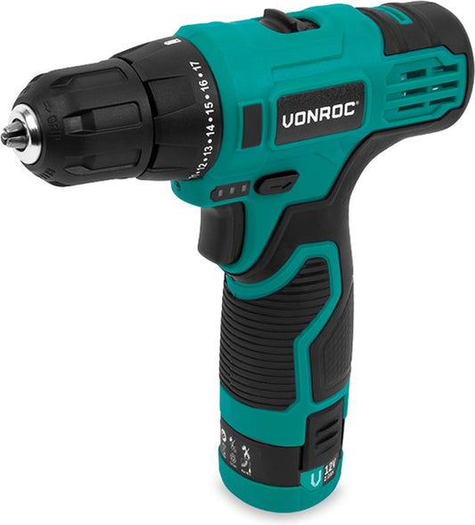 VONROC Perceuse à batterie 12V - Comprend une batterie, un câble USB et un jeu de forets et d'embouts de 16 pièces.