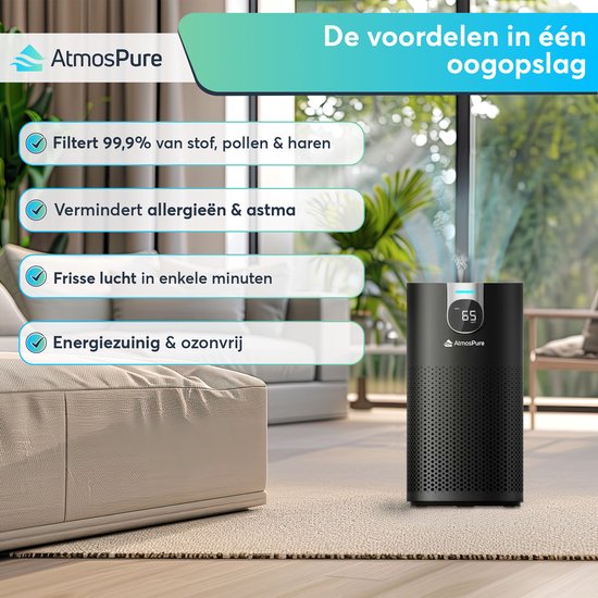 AtmosPure® CleanAir Air Purifier - Purificateur d'air avec filtre HEPA 13 + filtre à charbon remplaçable - CADR 250 m³/h - Noir - Pour 98 m² - Lutte contre les acariens, le rhume des foins, les allergies, -3 modes + mode sommeil silencieux - Capteur de qu