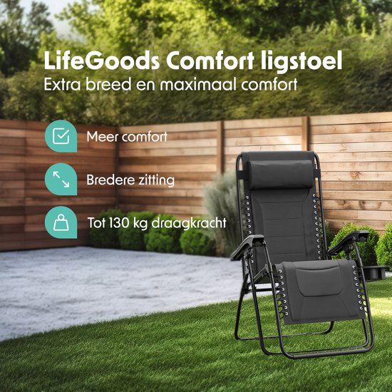 LifeGoods Lounger Comfort - pliable - réglable de 30° à 90° - support pour gobelets et téléphone - chaise de jardin - noir