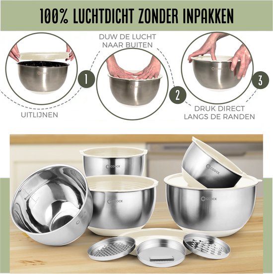 COOCK inox - Set de bols à mélanger avec couvercle - Bols à frire avec couvercle - Bol de stockage avec râpe - Bol pour salades et mélanges - Set de 22 pièces de 1,5 à 5 litres - Beige - Cuillères à mesurer incluses