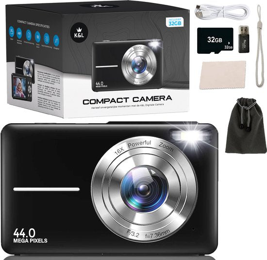Appareil photo numérique K&L - Caméra photo - Caméra compacte - Caméra Vlog - Pour les enfants - Comprend 32GB - NL Software
