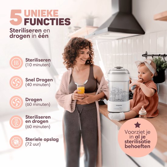 Vulpes Goods® - Stérilisateur de biberons - Fonction 5 en 1 - Avec fonction séchage et mode maintien au chaud - Pour biberons et tire-laits - Sans BPA - Plastique et blanc