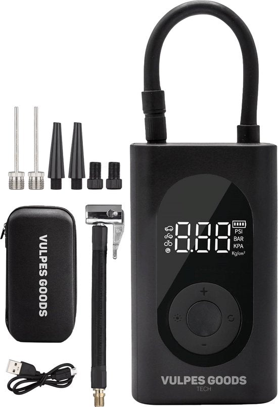 Vulpes Goods® Tech - Pompe à pneu portable à compresseur - 6400mAh - Pompe électrique pour vélo - Compresseur d'air pour voiture, scooter, vélo, ballon et lit pneumatique - 7 accessoires inclus - Lampe de poche - Powerbank - Mallette de voyage - PRO