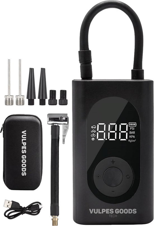 Vulpes Goods® Tech - Pompe à pneu portable à compresseur - 6400mAh - Pompe électrique pour vélo - Compresseur d'air pour voiture, scooter, vélo, ballon et lit pneumatique - 7 accessoires inclus - Lampe de poche - Powerbank - Mallette de voyage - PRO
