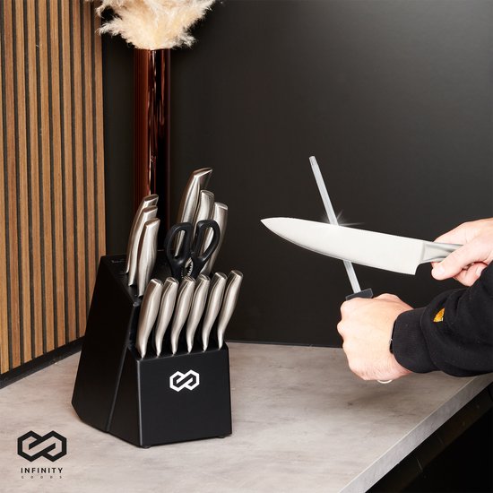 Infinity Goods Set de couteaux - Bloc de couteaux - 16 pièces - avec bloc, aiguiseur de couteaux et ciseaux - résistant aux rayures - acier inoxydable - argent/noir