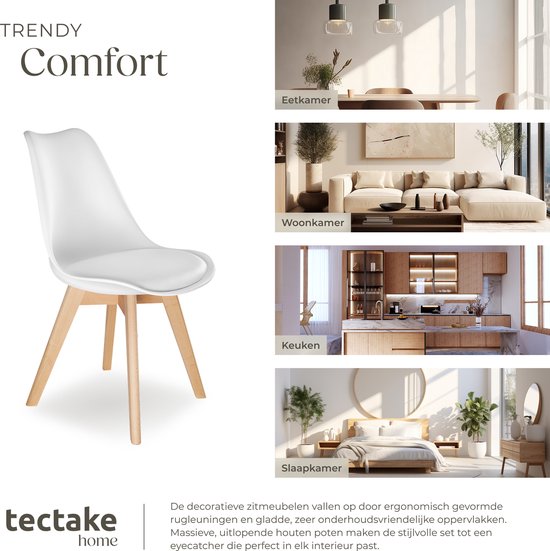 tectake® Dining Chair Frederikke - Lot de 2 chaises de salle à manger avec assise en tissu rembourré - Pieds en bois massif - Chaises ergonomiques adaptées au salon, à la salle à manger, à la chambre et à la cuisine - Capacité 120kg - Blanc