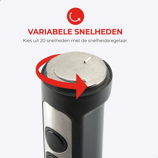 Mixeur plongeant Bourgini - 4 pièces Mixeur plongeant puissant en acier inoxydable - 20 vitesses - Fouet - Hachoir 600ml - Gobelet de mesure 800ml - 1500W