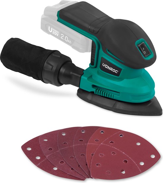VONROC multi-ponceuse sans fil - VPower 20V - Sans batterie ni chargeur - Sac à poussière et 6 feuilles abrasives inclus