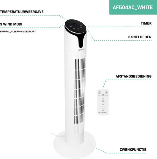 VONROC Luxury Fan - Ventilateur de tour - hauteur 86 cm - télécommande incluse - 3 vitesses - fonction swing - minuterie de 15 heures - blanc