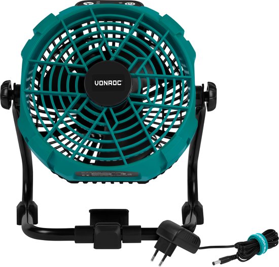 Ventilateur VONROC 20V - pour utilisation avec ou sans fil - Adaptateur secteur inclus - Batterie 20V - 2.0Ah et chargeur rapide inclus