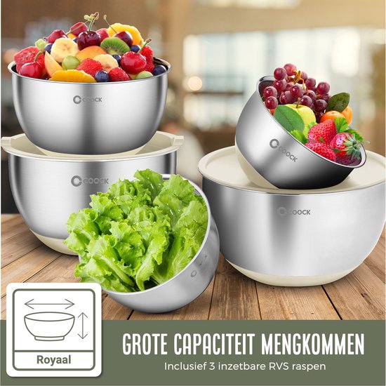 COOCK inox - Set de bols à mélanger avec couvercle - Bols à frire avec couvercle - Bol de stockage avec râpe - Bol pour salades et mélanges - Set de 22 pièces de 1,5 à 5 litres - Beige - Cuillères à mesurer incluses