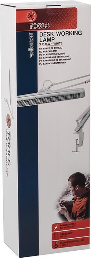 Velleman Lampe de bureau avec pince, bras pivotant, interrupteur marche/arrêt, 60 cm de large, 3x 14 W, 6500 K, blanc