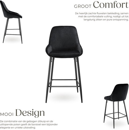 tectake® - Lot de 2 tabourets de bar Siera - Tabouret de bar rembourré avec dossier - Tabouret de bar avec repose-pieds - Chaise de salle à manger avec revêtement en velours et rembourrage en mousse souple - Pieds en acier robuste avec protection antidéra
