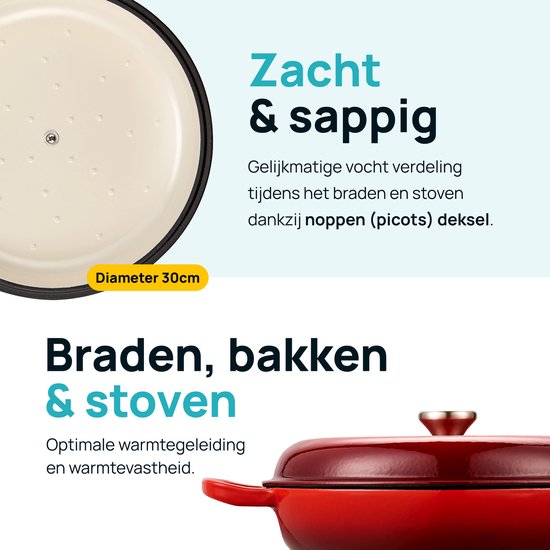 MOA Casserole en fonte - 3,5L - Pour toutes les sources de chaleur y compris l'induction - Avec couvercle - Ø 30cm - Revêtement antiadhésif - Rouge