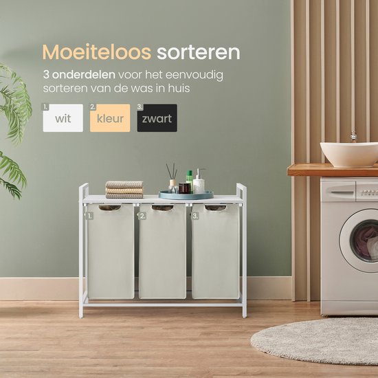 O'DADDY® Laundry Basket 3 Boxes - Trieur de linge extensible avec étagère - 114 Liter - 92,5 x 33 x 71 cm - Pieds réglables - Facile à assembler - Polyvalent et élégant en métal - Blanc