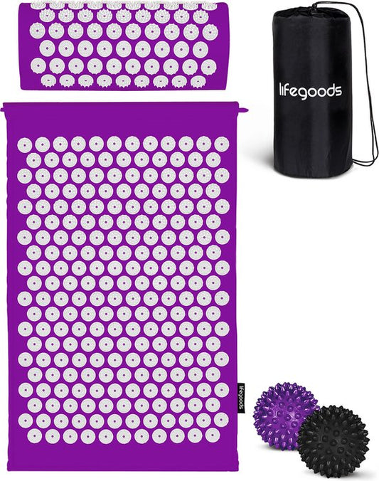 LifeGoods Tapis d'acupression avec coussin - Tapis Shakti - Tapis pour ongles avec 2 balles pour points de déclenchement - 66x40x2cm - Violet/Blanc