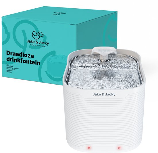 Jake & Jacky Abreuvoir inox sans fil pour chat et chien - Avec capteur et pile - Fontaine à eau pour chat - Abreuvoir pour chat - Bol à eau - Silencieux - Filtre inclus - 2.5L - Blanc