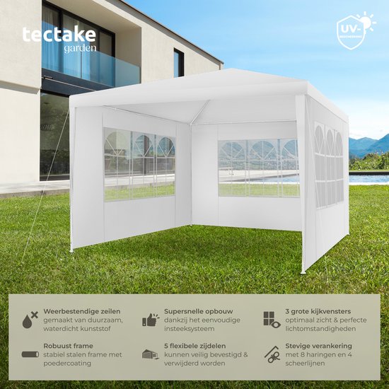 tectake® Pavillon - avec armature renforcée - Tente de réception 3x3 m - Bâche imperméable - Panneaux latéraux amovibles - Pavillon de jardin résistant aux intempéries - Lignes de tension et piquets inclus - Blanc - Tente pliante pop-up