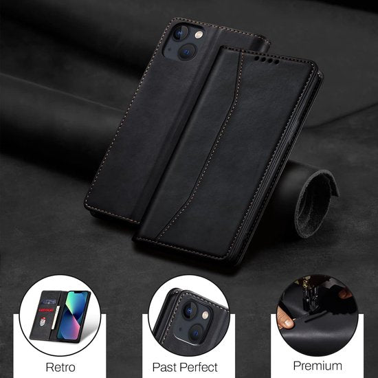 Podec Case with Card Holder Suitable for iPhone 13 Mini Black Phone Case - Anti-Shock Bookcase Cover with 1x Screen Protector - Wallet Case