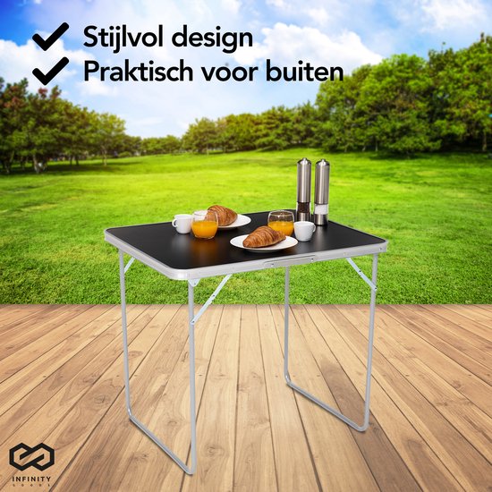 Infinity Goods Table de camping - Pliante - Table de jardin - 80x60x70 cm - Extérieur/intérieur - Poignée de transport - Compacte - Aluminium - Noir