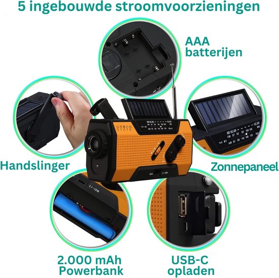 Radio d'urgence urbaine à remontoir et batterie - Radio solaire - Lampe de poche / banque d'énergie - Radio d'urgence solaire à remontoir