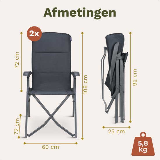 TRVLMORE Chaises de camping de luxe - pliables - 2-Pack - Capacité de charge 150KG - Sac de transport inclus - Chaise pliante - Chaise de camping - Chaise pliante - Gris