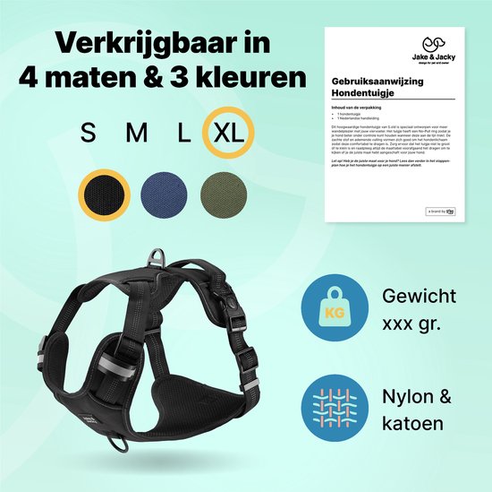 Harnais pour chien Jake et Jacky - Harnais anti-traction - Harnais pour chien - Harnais Y pour chien - Réfléchissant - Noir - Taille XL