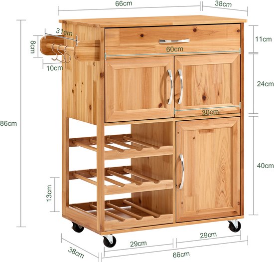 SoBuy Chariot de cuisine avec tiroirs et casier à vin, meubles de cuisine sur roues avec plan de travail, îlot de cuisine compact, couleur naturelle, 66×38×86 cm - FKW45-N