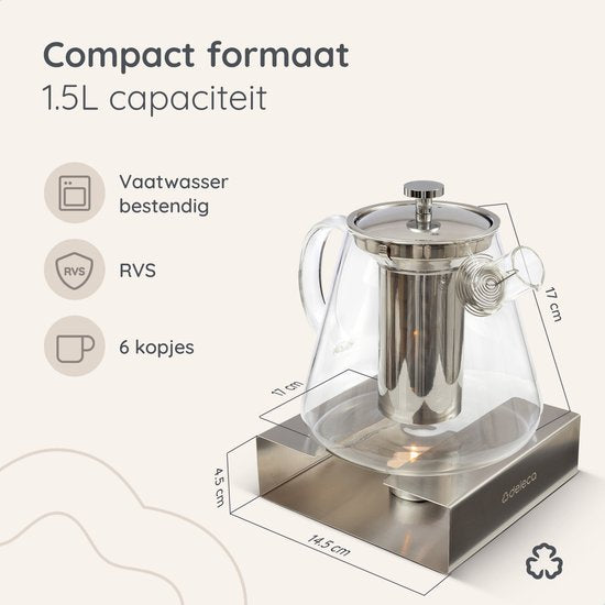Deleca Théière en verre Clarity - Avec filtre en acier inoxydable et chauffe-plat - Pour thé en vrac / fleurs de thé - Cadeau de Noël - Verre borosilicaté / 1.5L