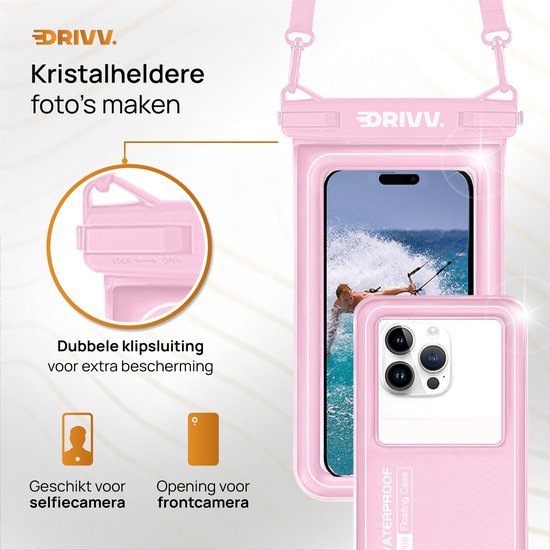 Drivv. Étui de luxe pour téléphone portable étanche - flottant - fermeture à double clip - jusqu'à 6,8 pouces - étui pour téléphone portable sous-marin - rose