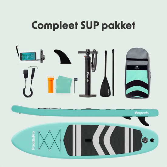 LifeGoods PaddlePro SUP Board - Planche à pagaie gonflable - Ensemble complet - Max. 135KG - 320x81cm - Vert pastel