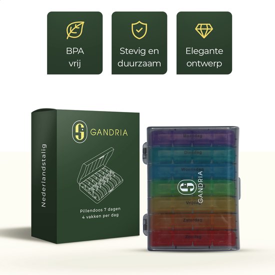 Pilulier Gandria 7 jours - Pilulier amovible - Boîte à médicaments avec 28 compartiments - Boîte à médicaments avec fermeture solide - 4 compartiments par jour - 7 couleurs