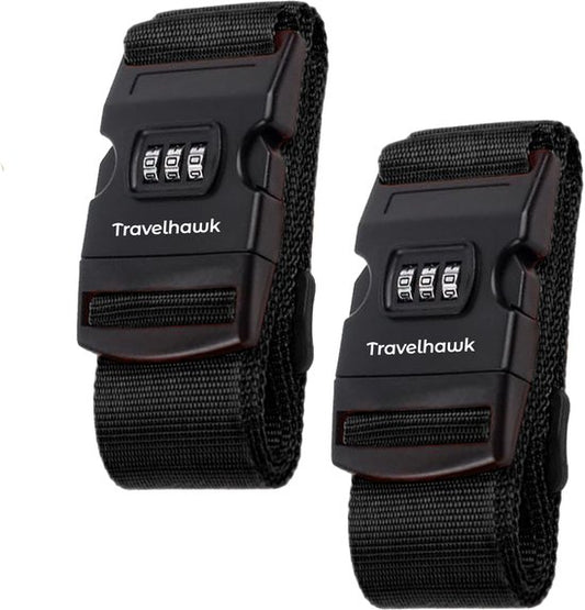 Travelhawk Luggage Strap with Number Lock - 2 Pieces - Luggage Strap - Luggage Straps - Adjustable - 180 Centimetres - Extra Security - Travel - Black