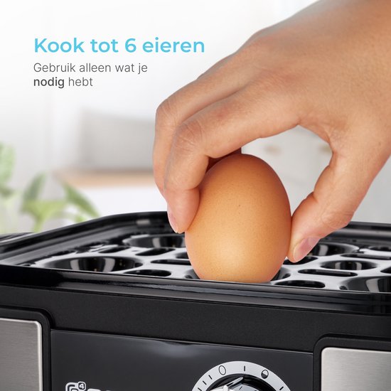 GoodForce Poule à oeufs automatique - avec minuterie - avec alarme - 6 oeufs - électrique - avec gobelet de mesure - avec pique-oeufs - acier inoxydable - lavable au lave-vaisselle