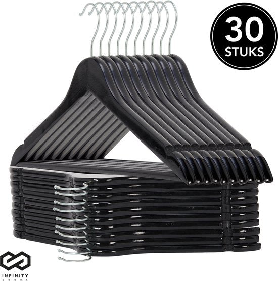 Infinity Goods 30 Houten Kledinghangers Zwart - Kleerhanger - Inkeping en Broeklat - Metalen Haak - Volwassenen - 30 Stuks - Zwart