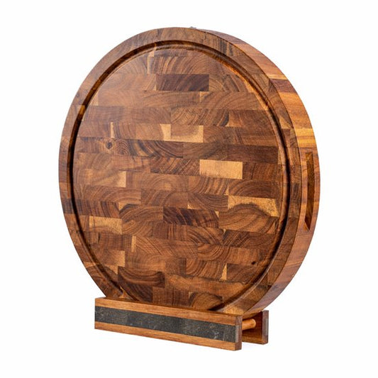 VDN Professional Cutting Board Round Acacia Wood with Juice Trench and Handles - Anti-slip Chopping Board with Holder Set - Chopping Block Headwood Ø 38 x 3.8 CM