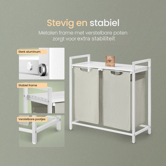 O'DADDY® Laundry Basket 2 Boxes - Trieur de linge extensible avec étagère - 76 litres - 73 x 33 x 72 cm - Pieds réglables - Assemblage facile - Multifonctionnel et élégant - Métal - Blanc